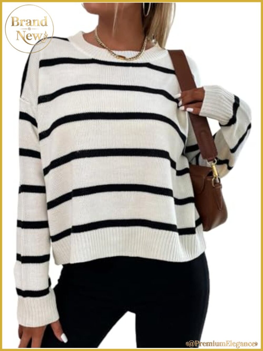 Oversized Striped Sweater Crewneck Long Sleeve Drop Shoulder Knit
